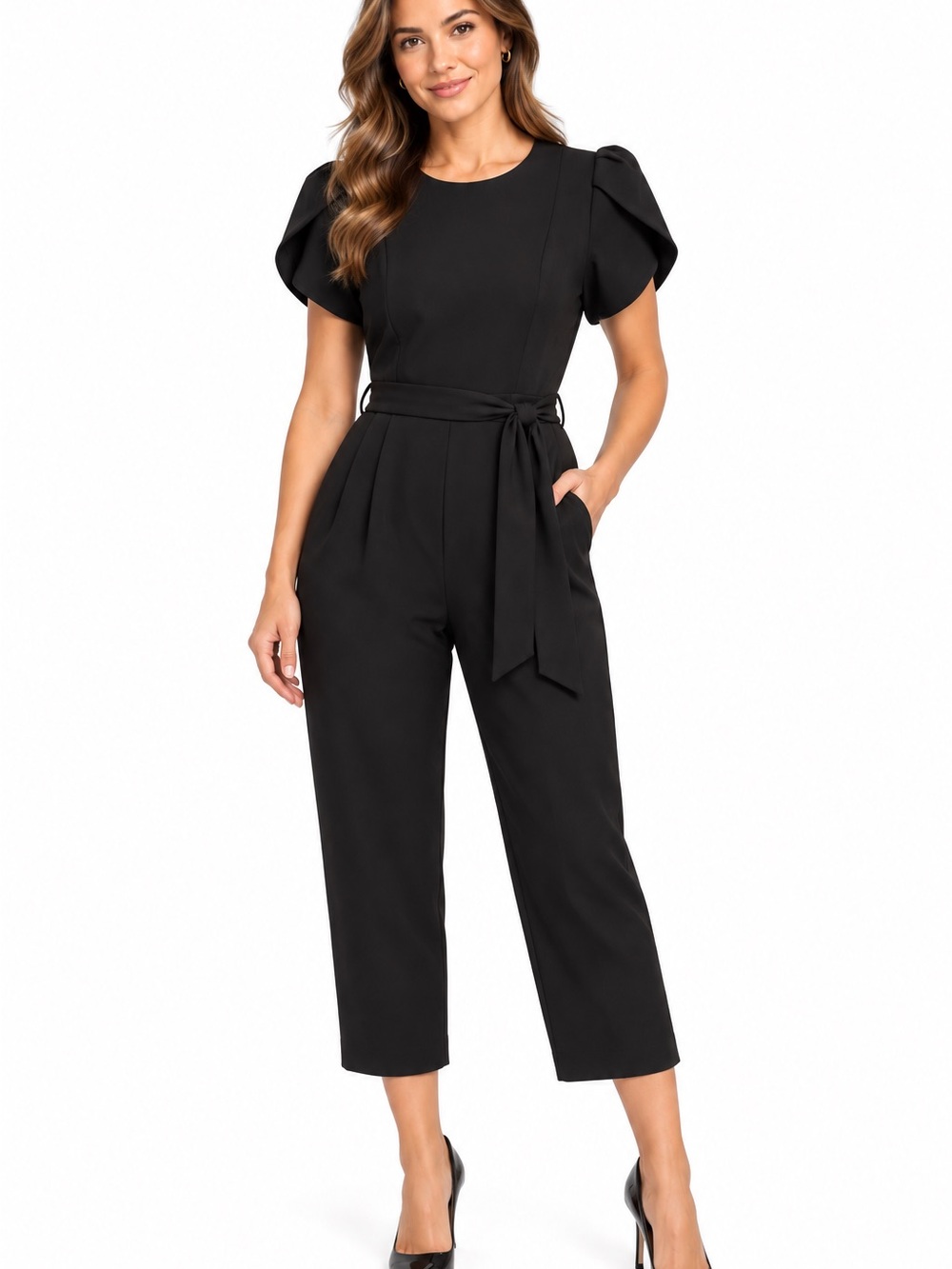 Calvin Klein Black Puff-Sleeve Tie-Waist Jumpsuit